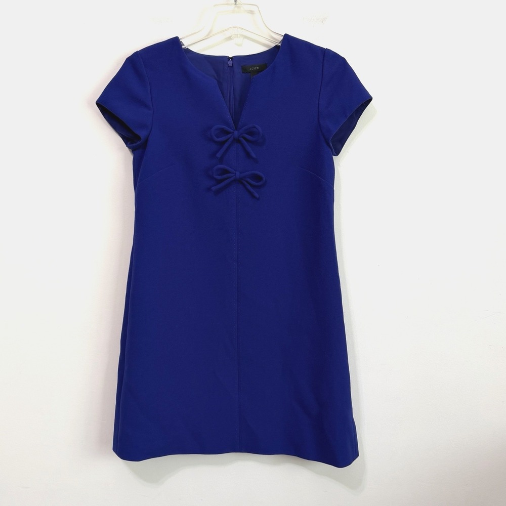 J Crew Presentation Cobalt Blue Shift Dress Size 2 Petite Bow Front Short Sleeve